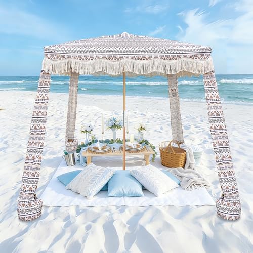 AMMSUN Beach Cabana with Fringe, 7' x 7' Boho Beach Canopy with Tassels, Easy Set up & Premium Wood Pole, Cabana Tent with Sand Pockets, Instant Sun Shade for Sand, Garden, Patio, Tan - color: Tan