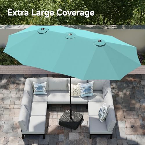 PHI VILLA 15ft Large Patio Umbrellas with Base Included, Outdoor Double-Sided Rectangle Market Umbrella with Crank Handle, for Poolside Lawn Garden, Turquois - color: Turquois
