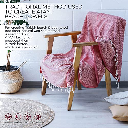 ATANI 69x35 in Oversized Turkish Beach Towel Set with Tote Bag – Quick-Dry 100% Turkish Cotton Peshtemal, Sand-Resistant, Lightweight for Shower, Travel, Pool, Yoga (Red) - color: Red + Bag, size: 35 inc x 69 inc