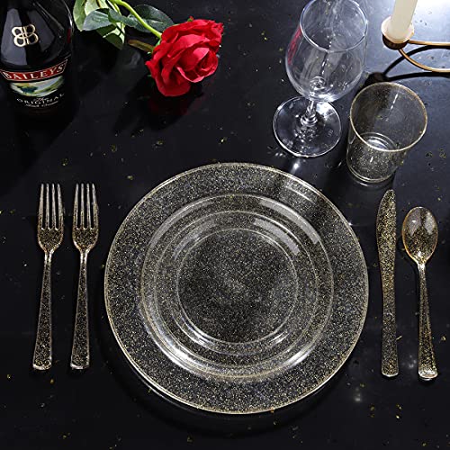 WELLIFE 175 Pieces Gold Glitter Plastic Plates with Silverware and Cups, Includes: 50 Plates, 50 Forks, 25 Knives,25 Spoons and 25 Cups for Party - color: Gold Glitter(175pcs), size: 25 Guests