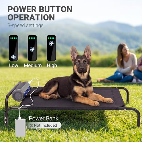 Tailwaggz Elevated Outdoor Dog Bed with Fan - Cooling Dog Bed for Large Dogs, Waterproof Cot Easy to Assemble, 3 Wind Speed, Raised Dog Bed with Washable Mesh Cover, Durable, Non Slip, Up to 85 lbs - size: Medium