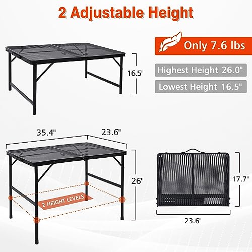 JOUYEK Folding Grill Table, 3x2 FT Portable Camping Table, Height Adjustable Metal Tables with Mesh Desktop and Mesh Bag, Outdoor Furniture for Camping, Picnic, Beach and BBQ, Black - style: 3x2 FT
