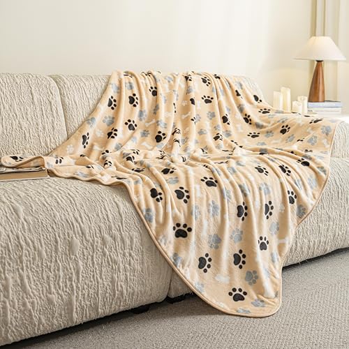 Dog Blanket Paw Bone Pattern 1 Pack 2 Super Soft Warm Flannel Sofa Cover Car Bed Protector, Urine Proof Washable Outdoor Pet Blanket for Puppy Large Dogs & Cats,60"*50" Beige - color: Beige|paw Bone, size: 60*50 inch (Pack of 2)