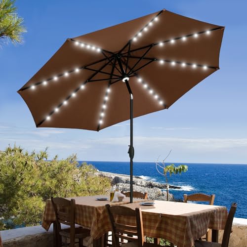 GDY 10Ft Patio Umbrella, Table Umbrella with 40 LED Lights, Outdoor Umbrellas for Patio, with Tilt and Crank, Center Light, for Garden, Deck, Backyard, Pool, and Beach. - color: Coffee