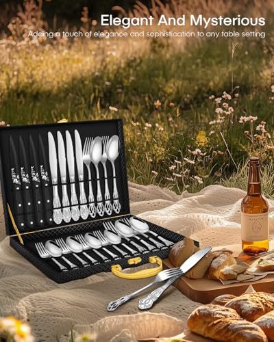 Silverware set for 4,Ollex 24PCS Retro Royal Silver Flatware Set with Box, Food-Grade Stainless Steel Silver Utensil Sets Includes Spoons Forks and Steak Knives, Mirror Finish Dishwasher Safe - color: Silver