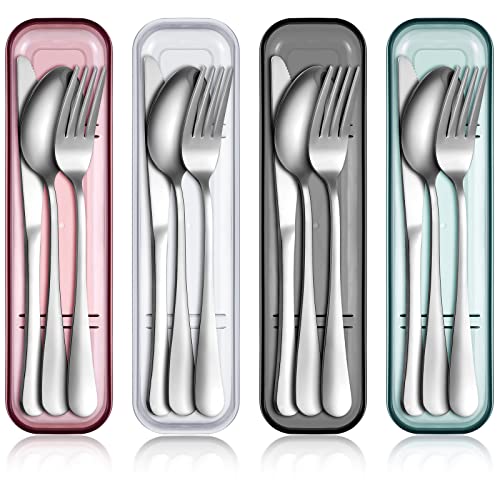 Yinkin 4 Pack Portable Travel Utensils Set with Case Reusable Stainless Steel Silverware Flatware Camping Cutlery Include Fork Spoon Knife for Work School Dishwasher Safe(White, Green, Red, Black) - color: White, Green, Red, Black