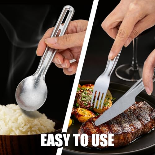 TiTo Titanium 3 Piece Cutlery Set, Ultralight Portabale Titanium Fork Spoon & Knife Tableware for Outdoor Camping Hiking Backpacking Travel Picnic Flatware with Titanium Carabiner (Silvery) - color: Silver