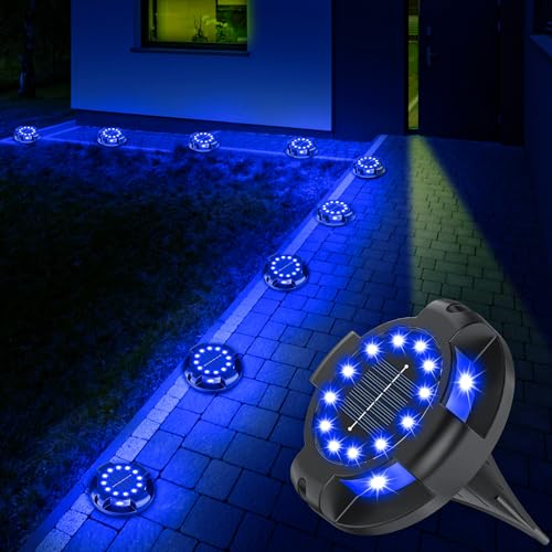 Solar Pathway Lights Outdoor 12 Packs, Bright Blue 16 LEDs Solar Ground Lights Walkway Lights with Side Light, Waterproof Solar Deck Light for Yard Walkway Garden Poolside Driveway Decorations - color: Blue