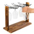 Rustic Wine Glass Hanging Rack Torched Brown Wooden Matte Black Metal Wire 6-Slot Drinking Glassware Holder Champagne Flutes Counter Top Tabletop Drying Displaying Kitchen Bar Dining Table