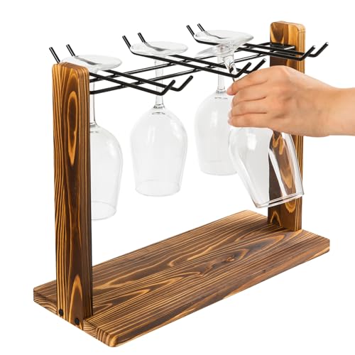 Rustic Wine Glass Hanging Rack Torched Brown Wooden Matte Black Metal Wire 6-Slot Drinking Glassware Holder Champagne Flutes Counter Top Tabletop Drying Displaying Kitchen Bar Dining Table