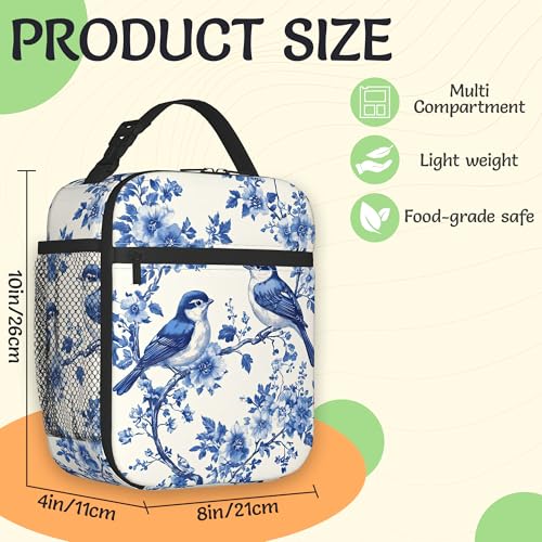 Insulated Small Lunch Box,Blue Birds Reusable Lunch Bag for Kids Adult Women,Vintage Flower Large Capacity Portable Thermal Bag with Mutiple Pockets for School,Work,Picnic - color: Blue Birds