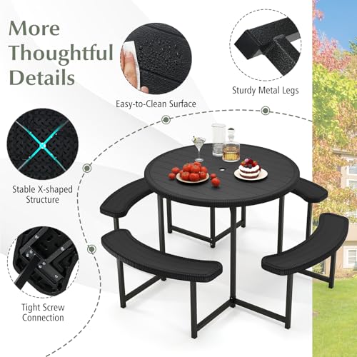 Byroce 8-Person Picnic Table for Outdoors, HDPE Picnic Table Set with 4 Benches, Umbrella Hole & Metal Frame, Heavy Duty Round Dining Table Chairs for BBQ Party in Patio, Yard & Poolside (Black) - color: Black