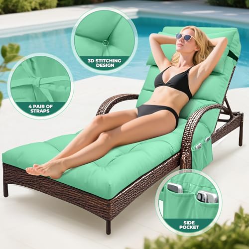 Outdoor Chaise Lounge Cushion, Waterproof Lounge Chair Cushion for Outdoor Furniture, 71 x 21 x 4 Inches Patio Cushion with Straps for Lawn Pool Furniture (Cyan, Lounge Chair Cushion) - color: Cyan