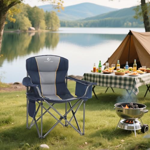 ALPHA CAMP Heavy Duty Camping Chair 500LBS Capacity, Oversized Folding Chair for Heavy People, Padded Portable Outdoor Chair with Cooler Bag & Cup Holder for Camping, Fishing, Beach - color: Navy Blue, size: 1PC
