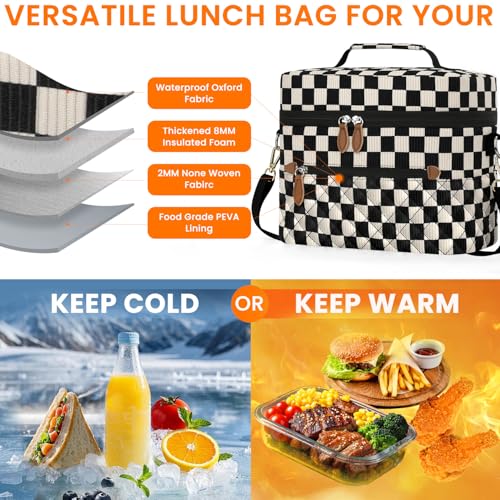 Tenot Insulated Lunch Box for Women Reusable, Leak Proof Cooler Lunch Bag Women for Work Stylish Quilted Lunch Tote Bag for Adult Picnic Travel Hiking Corduroy Checkered Black - color: Corduroy Checkered Black