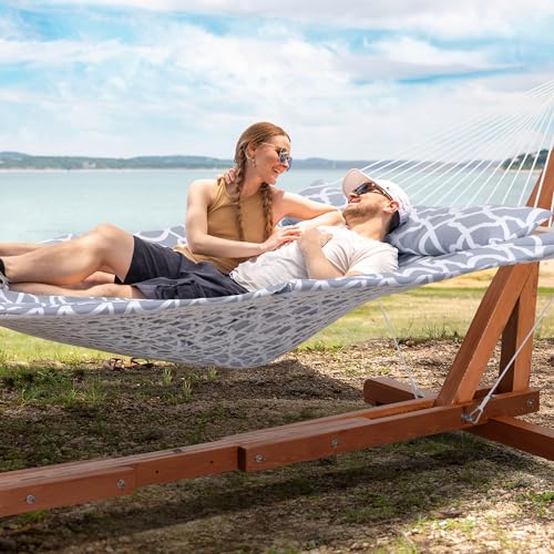 SUNCREAT Outdoor Double Hammock with Stand, Two Person Cotton Rope Hammock with Polyester Pad, Circle Pattern - color: Pad-gray Pattern