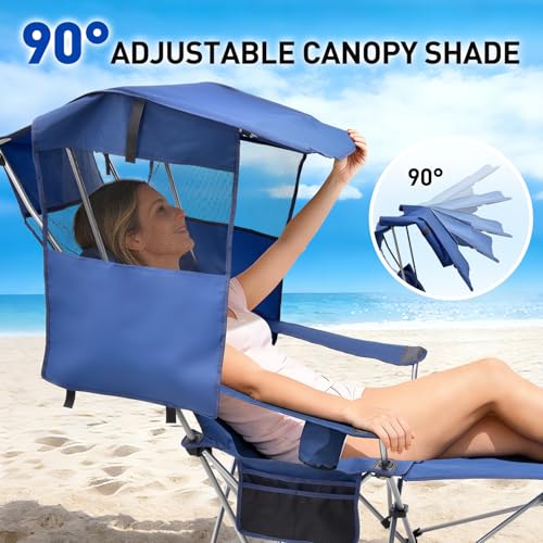 East Oak Reclining Camping Chair with Canopy & Foot Rest | 4-Position Folding Beach Chair with Adjustable Canopy, Detachable Foot Rest, Supportive Headrest, 330 lbs Canopy Chair - color: Blue, style: Reclining Chair