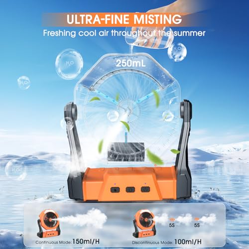Ausic Portable Misting Fan for Outdoor Cooling, [8-35Hrs] Battery Powered Mist Fans with Water Misters & LED Lantern, 8-Inch, 250mL Tank, for Patios, Home, Outside, Camping, Outdoor&Indoor Use - color: Orange, size: 8-35Hrs Runtime