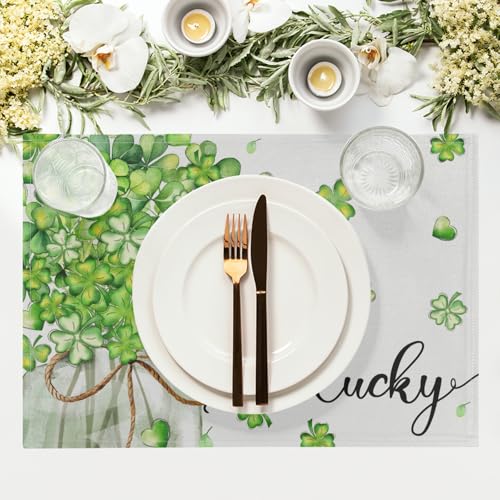 Lucky Shamrocks Placemat Set of 4, 12x18 Inch Green Clovers in Jar Holiday Linen Washable Heat Resistant Table Mats for Farmhouse Dinner Party Spring Season Decor - color: Lucky Shamrock Jar