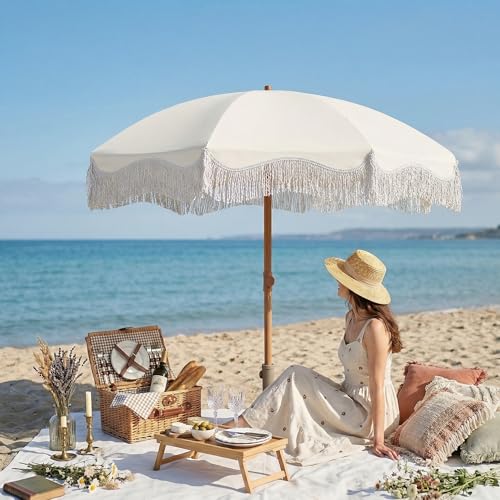 7ft Patio Umbrella with Fringe, Boho Beach Umbrellas, Outdoor Tassels Umbrellas with Push Button Tilt & Carrying Bag, 8 Windproof Fiberglass Ribs, UPF50+ - color: Creamy-white