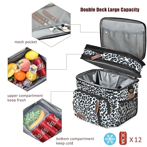 MIYCOO Lunch Bag & Lunch Box for Women Men, Double Deck Leakproof Insulated Soft Large Adult Camping Cooler bag for Work, Beach, Picnic, Travel (Leopard print, 15L) - color: Leopard Print