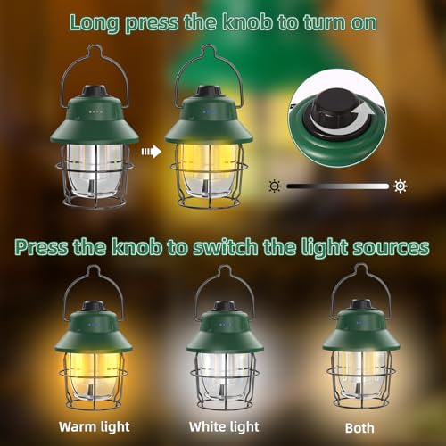 JINIU Rechargeable LED Camping Lantern, Mini Retro Portable Waterproof Lantern, 1000LM, 3 Light Modes (2700-6500K) Stepless Dimming Brightness, Hanging Tent Light for Camping, Power Outages - style: Green