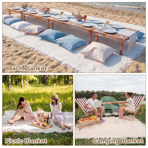 Giant Beach Blanket with Fringe 91 x 71 Inch Waffle Woven Cotton Oversize Yarn Outdoor Picnic Blanket Bohemia Sandproof Beach Towel for Spring Summer Camping Accessories(Milky White)