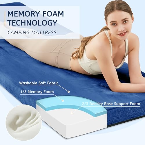 HomeMate CertiPUR-US Memory Foam Camping Mattress Pad Portable Roll Up Mattress for Adults Sleeping Mat Cot Mattress Pad - color: blue, size: Twin /75*38*3