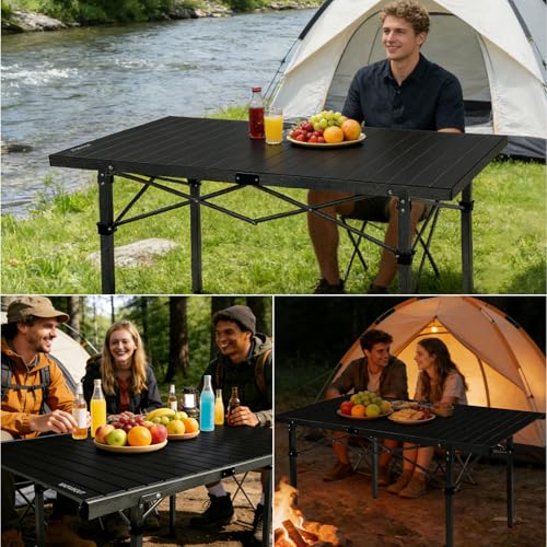 29.9" Tall Folding Camping Table for 2-6 Person, 54.7" Large Aluminum Foldable Roll-up Table Outdoor with Carry Bag for Picnic, Camp, Sturdy, Backyard, Patio - color: Black