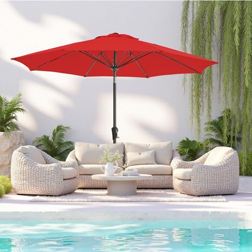 9FT Large Outdoor Patio Umbrella Pool Market Umbrella-UV Resistant, Easy Push Button Tilt and Crank, 8 Sturdy Ribs Heavy-Duty Table Umbrella for Deck, Backyard, Garden(Red) - color: Red, size: 9 FT