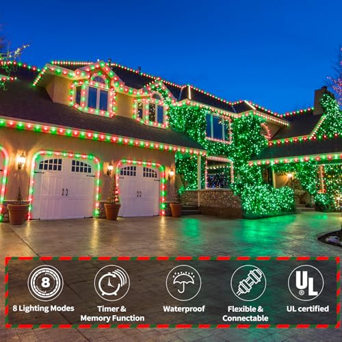 50ft LED Rope Lights Outdoor, 360 LED Connectable and Flexible Tube Lights with 8 Modes, Waterproof LED Rope Lighting for Garden Patio Pool Bedroom PartyIndoor Outdoor Christmas Decor (Red & Green) - color: Red & Green, size: 50ft