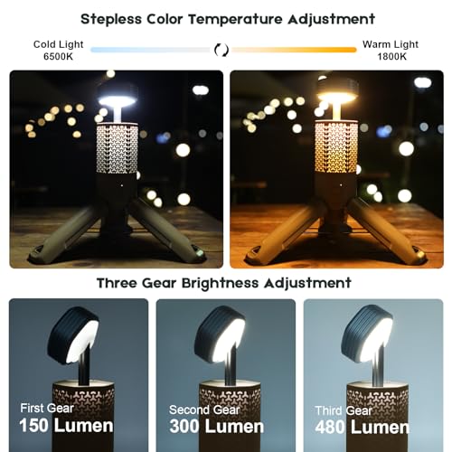 Telescopic Camping Lights,Portable Camping Lantern with Storage Bag,10500mAh Rechargeable Outdoor Adventure Emergency Light,Waterproof LED Work Lights with Magnetic (Khaki) - color: Khaki