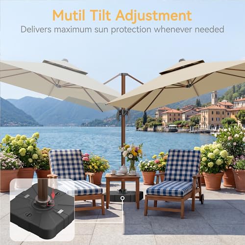10x13 FT Wood Pattern Patio Umbrella with Base, Large Deluxe Cantilever Rectangular Double Top Heavy Duty Offset Umbrellas with 360° Rotation, Outdoor shade for Garden Pool Patio, Beige - color: Beige, size: 10x13 FT Wood with Base