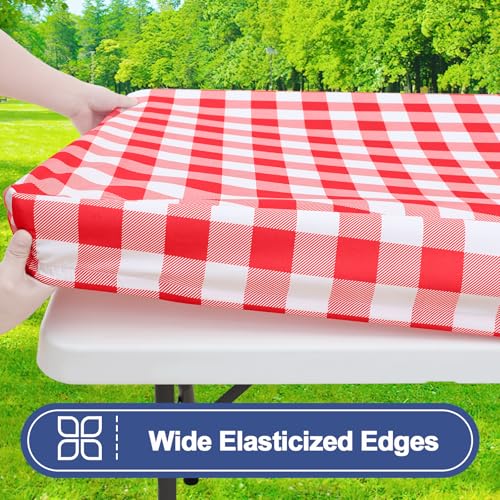 Smiry Picnic Table Cloth 2 Pack, Waterproof Elastic Fitted Tablecloths for 24x48 Rectangle Tables, Washable Polyester Buffalo Plaid Tablecloth for Camping, Dining & Outdoor (Red & White, 24" x 48") - color: Red and White, size: 24" x 48"
