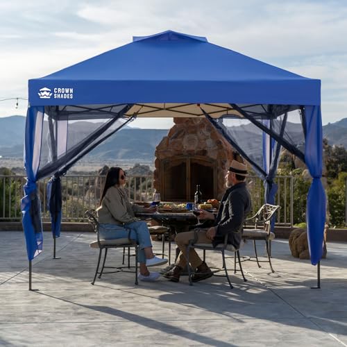 CROWN SHADES Gazebo 10x10 Pop Up Canopy with Mosquito Netting, Screen Tent with 4 Ropes, 8 Stakes, 4 Sandbags and Wheeled Storage Bag, Canopy for Patio & Backyard Parties,Camping&Events -(Blue) - color: Blue, size: 10x10