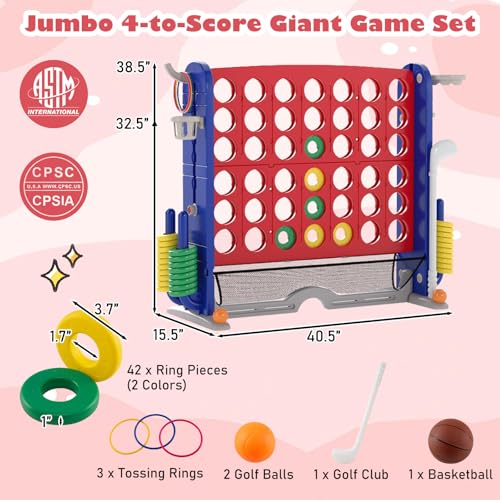 Costzon Giant 4-in-A-Row Connect Game, Height Adjustable 4-in-1 Jumbo 4-to-Score Yard Game with Golf, Ring Toss, Basketball, Cup Holder & Mesh Net, Indoor Outdoor Game for Kids Adults Family Party - color: Red/Blue