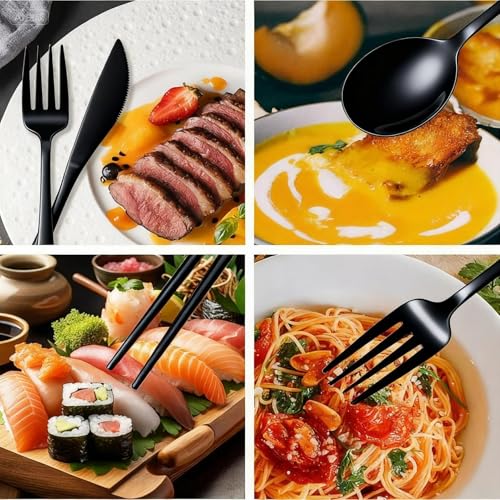 Travel Utensils With Case, 6Pcs Forks Spoons Knife Chopsticks Reusable Cutlery Set, Stainless Steel Flatware Set, Portable Silverware for Camping Picnic Work School, Dishwasher Safe (Black) - color: Black