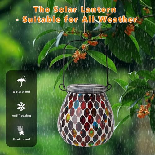 Starsoul 2 Pack Solar Lanterns Outdoor Waterproof, Exquisite Colorful Mosaic Glass Solar Garden Decor, Gifts for Women Mom Grandma - color: Red-2PC
