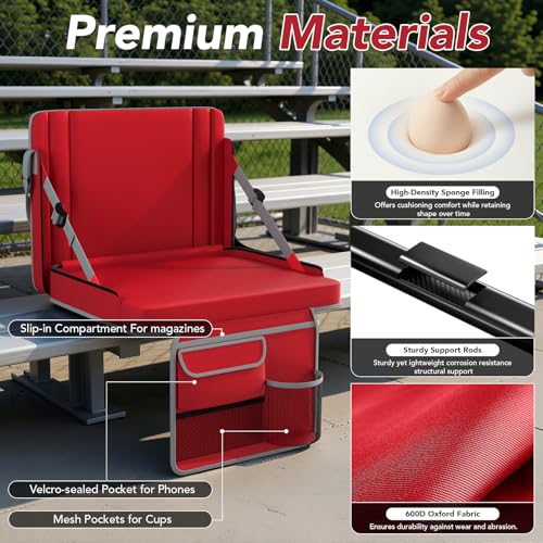 Stadium Seats with Back Support 1PACK Adjustable Bleacher Chairs with Back and Cushion Bleacher Seat with Cup Holder, Carry Handle & Shoulder Strap for Outdoor Sports Events, Picnics - color: Red-1pc-large