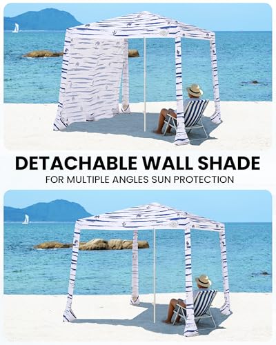 Qipi Beach Cabanas for Sand, Beach Canopy with Sandbags & Side Wall for Family, Easy Set Up Sun Shelter, UPF 50+ UV Protection with Roof Vent - color: 8' x 8' Navy Sailor Dual-Fold