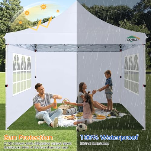 COBIZI 10x10 Pop Up with 3 Sidewalls, Canopy Tent 10x10 for Parties, Backyard, Commercial, Waterproof and Portable Instant Shelter UV50+ Outdoor Canopy Gazebo with 4 Sandbags(White) - color: White, size: 10x10ft With 3 Sidewalls