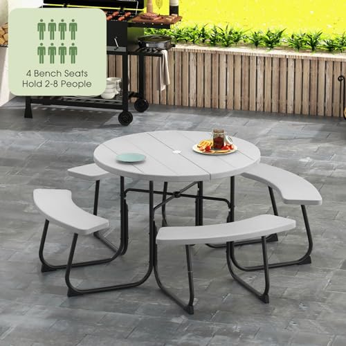 Giantex Picnic Table Set for Up to 8 Persons, Round Outdoor Table and Bench Set with Umbrella Hole, HDPE Top & Metal Frame, 2000LBS Capacity, Patio Table Bench for Deck Backyard Garden (Gray) - color: Grey, size: Round-43"x43"x30"
