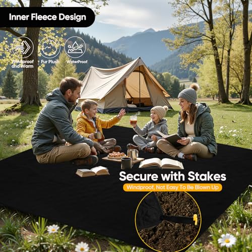 Waterproof Camping Blanket w/Fleece Lining, Large Stadium Blankets for Outdoor Cold Weather, Windproof Emergency Throw, LightWeight and Warm for Hiking, Dog, Picnic, Washable, 55”X 82” (Black, 1PCS) - color: Fleece Black-250 Gsm, size: 82"x 55"