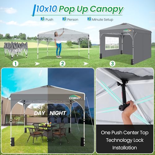 COBIZI 10x10 Pop Up Canopy with 3 Removable Sidewalls, Easy Pop Up Comercial Instant Canopy with One Push Center Lock, Waterproof Canopy with Sidewalls for Event, Rope & Stakes & Sandbags, Gray - color: Gray, size: 10x10ft (Old Model)