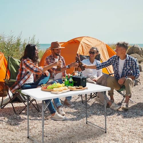 Byliable Folding Table 4 Foot Portable Heavy Duty Plastic Fold-in-Half Utility Table Small Indoor Outdoor Adjustable Height Folding with Carrying Handle, Camping and Party,White | Portable - color: White, size: 4FT