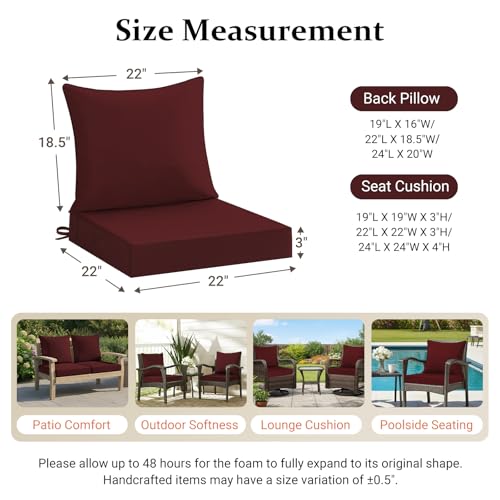downluxe 22x22 Outdoor Chair Cushions, Waterproof Fade Resistant Patio Furniture Cushions with Handle & Removable Cover, Deep Seat Outdoor Cushions for Sofa, Couch and Patio Chairs, Burgundy - color: Burgundy, size: 22 x 22 Inch