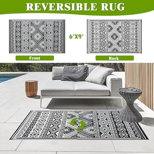 YONILE Outdoor Rug 6x9 ft Waterproof, Reversible Outdoor Plastic Straw Rug for Patios Clearance, Outdoor Area Rug Carpet RV Mat for Camping Backyard Deck Porch - color: Black&white- Geometric, size: 6x9ft
