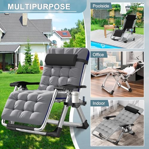 ABORON Oversized Zero Gravity Chair,29In XL Premium Outdoor Lawn Folding Lounge Chairs,Sturdy Adjustable Reclining Patio Chairs with Removable Cushion,Headrest & Tray - color: Upgrade Light Gray