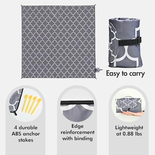 Beach Blanket Waterproof Sandproof, 79 x 79in Large Beach Mat for 1-3 Adults, Quick Drying Lightweight Durable Outdoor Picnic Mat with Stakes for Travel Camping Hiking (Grey)