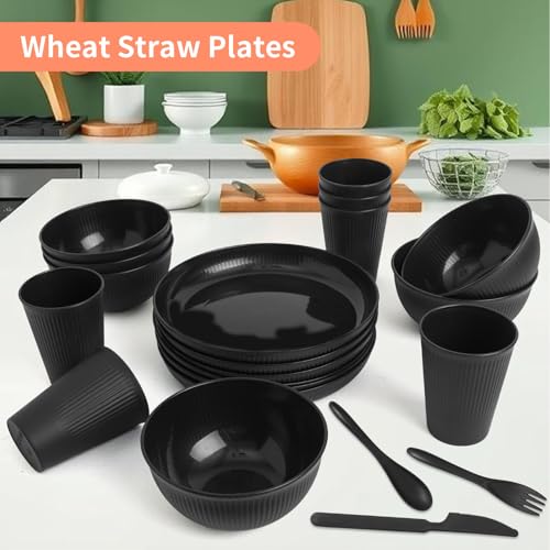 36 Pcs Wheat Straw Dinnerware Set,Dinnerware Sets for 6,Large Round Plates, Bowls and Cups, Unbreakable dish set, Dishwasher and Microwave Safe, Outdoor Camping Dishes (Black) - color: Black